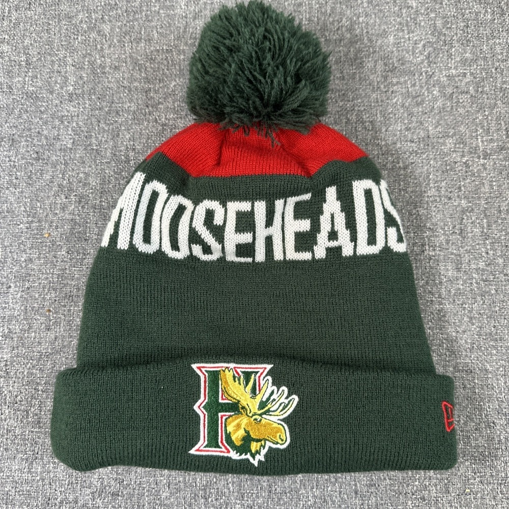 New Era Halifax Mooseheads Pom Beanie Winter Hat‎ Green Red Fleece Lined Wool